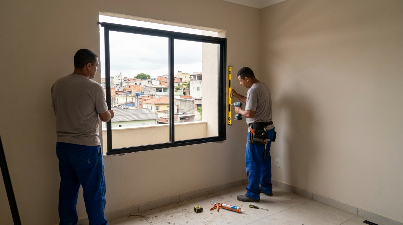 Esquadria de alumínio em quarto bege em Taboão da Serra-SP