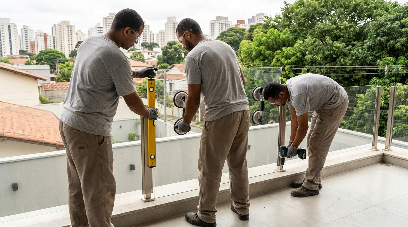 Guarda-corpo em terraço alto com vista cidade em Taboão da Serra-SP